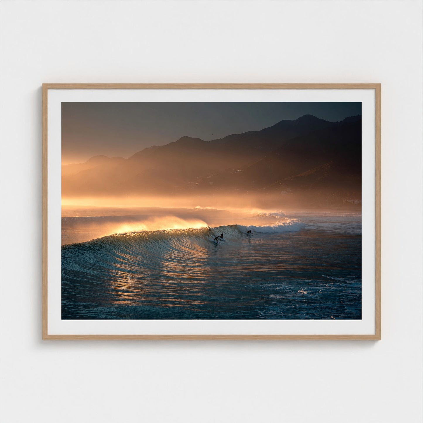 sunrise-over-quiet-surf-lineup-mist-over-water-b 48x36-natural frame frame