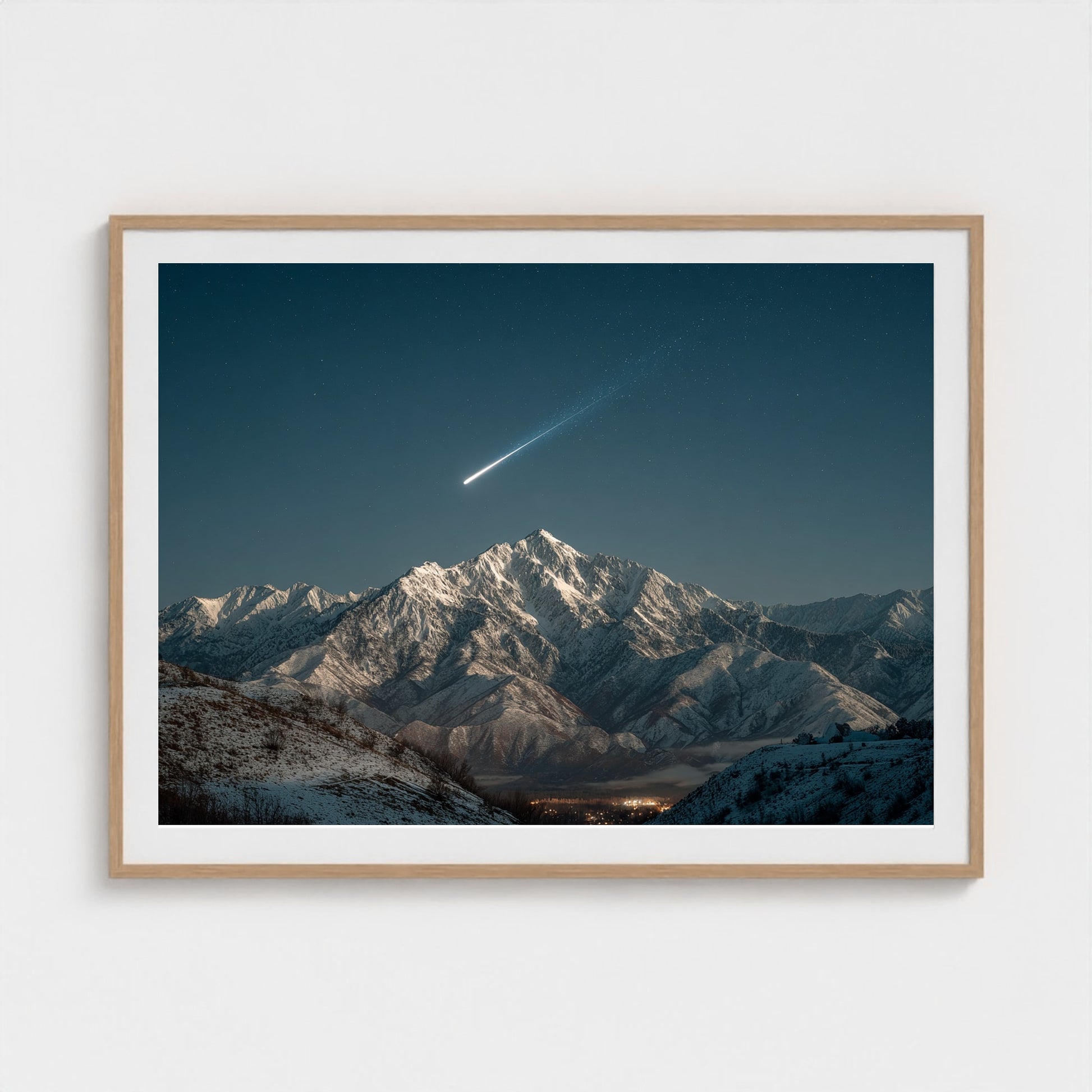 comet-streaking-across-night-sky-above-snowy-pea 48x36-natural frame frame