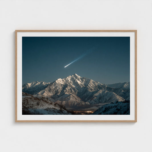 comet-streaking-across-night-sky-above-snowy-pea 48x36-natural frame frame