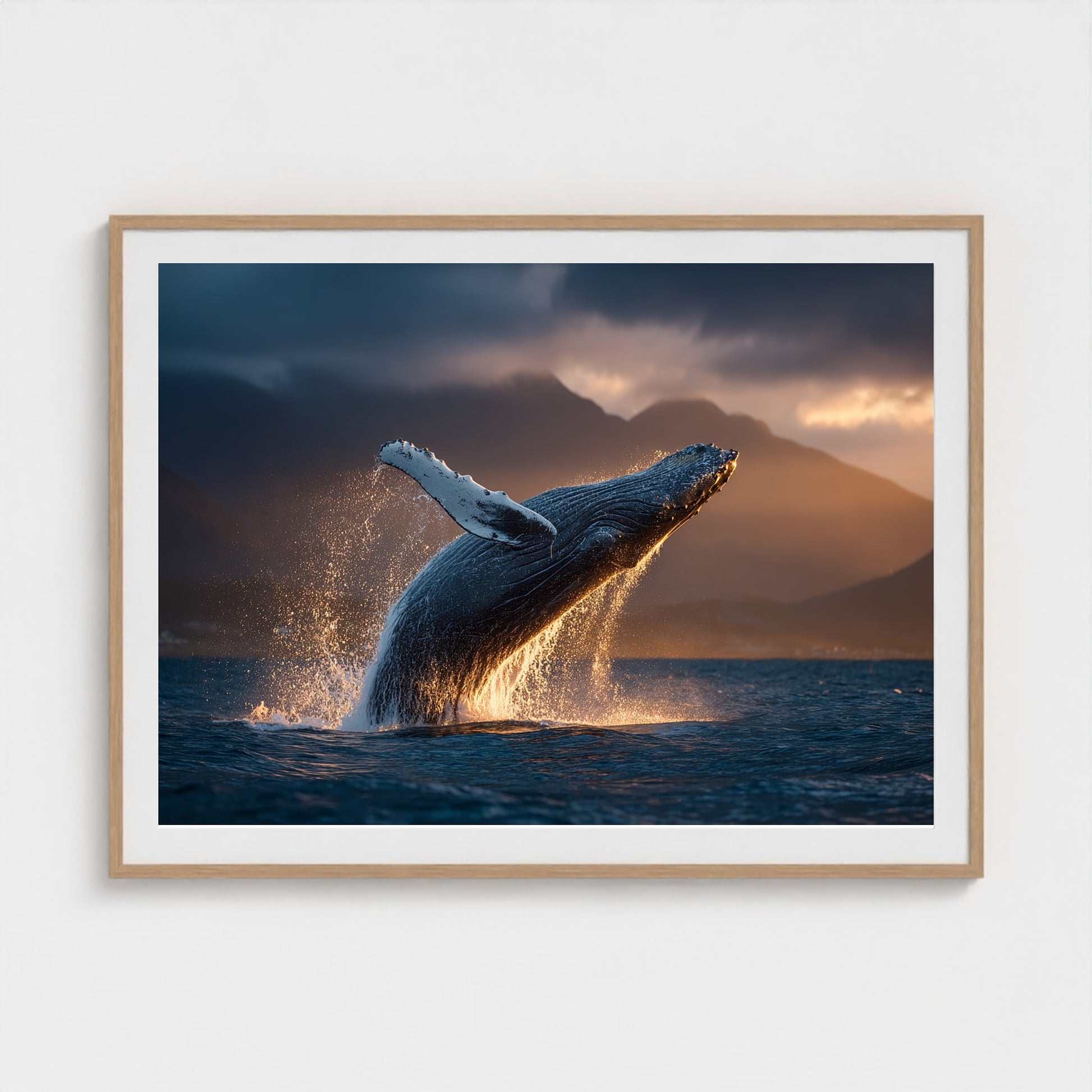 humpback-whale-breaching-at-golden-hour-backlit 48x36-natural frame frame