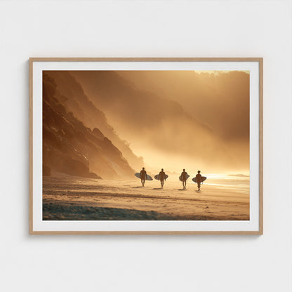 group-of-surfers-walking-across-beach-with-board 48x36-natural frame frame