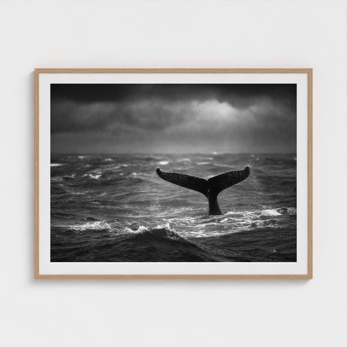 tail-fluke-against-stormy-sea-rain-sheets-and-wh 48x36-natural frame frame