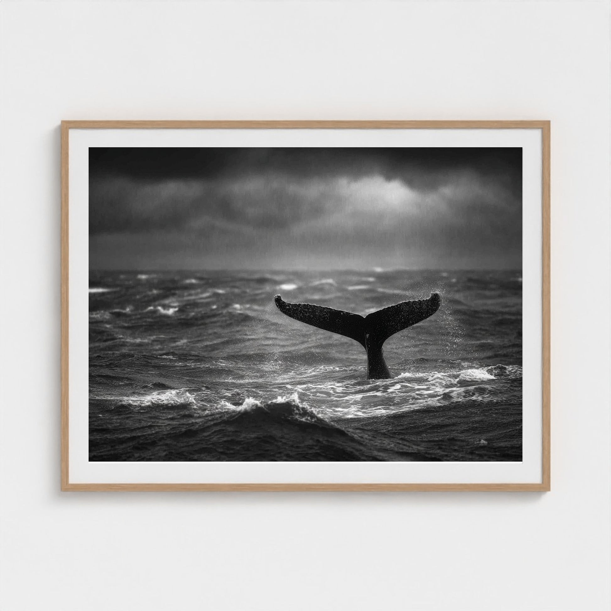 tail-fluke-against-stormy-sea-rain-sheets-and-wh 48x36-natural frame frame