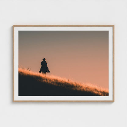 minimalist-cowboy-silhouette-at-sunrise-desert-h 48x36-natural frame frame