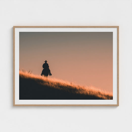 minimalist-cowboy-silhouette-at-sunrise-desert-h 48x36-natural frame frame
