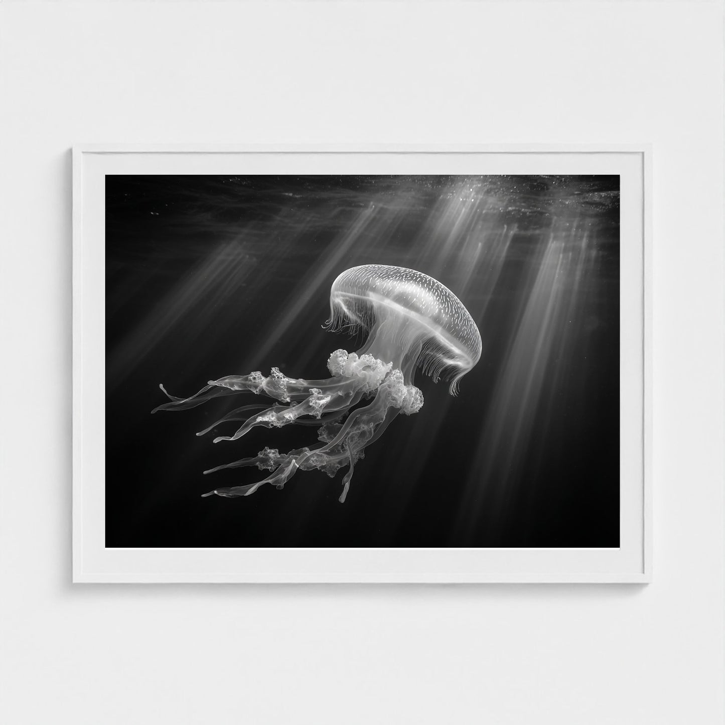 ethereal-bioluminescent-jellyfish-floating-in-de 48x36-white frame frame