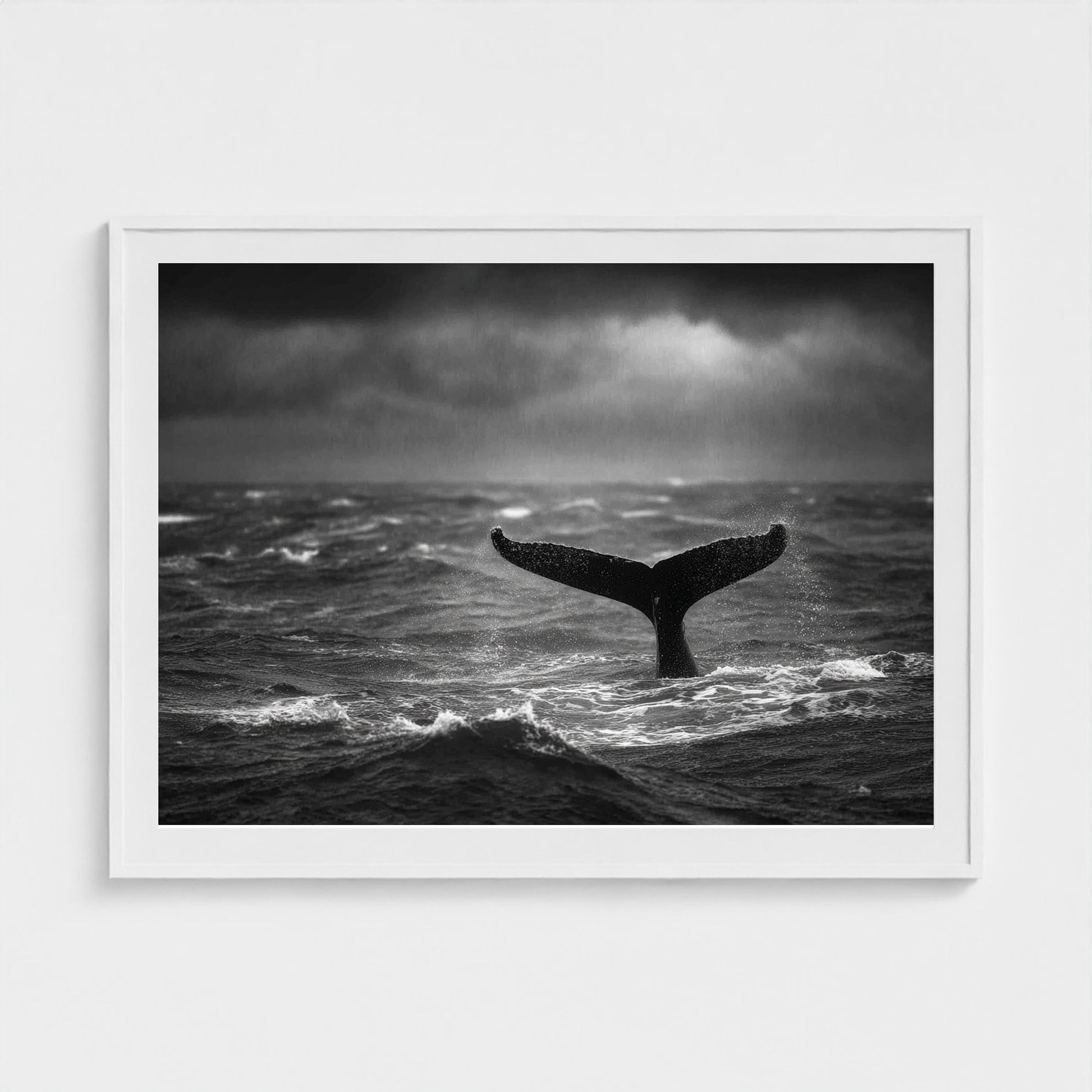 tail-fluke-against-stormy-sea-rain-sheets-and-wh 48x36-white frame frame