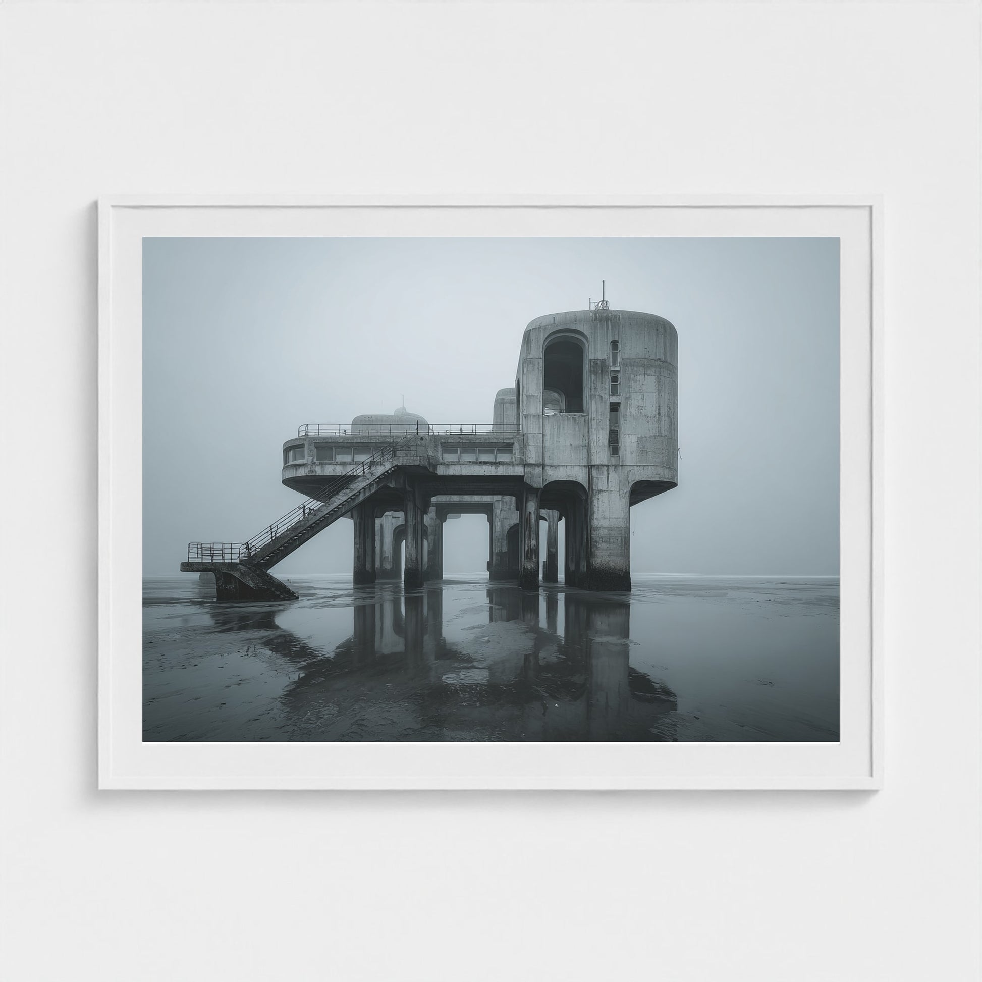brutalist-seaside-pier-at-dawn-glassy-tide-mirro 48x36-white frame frame