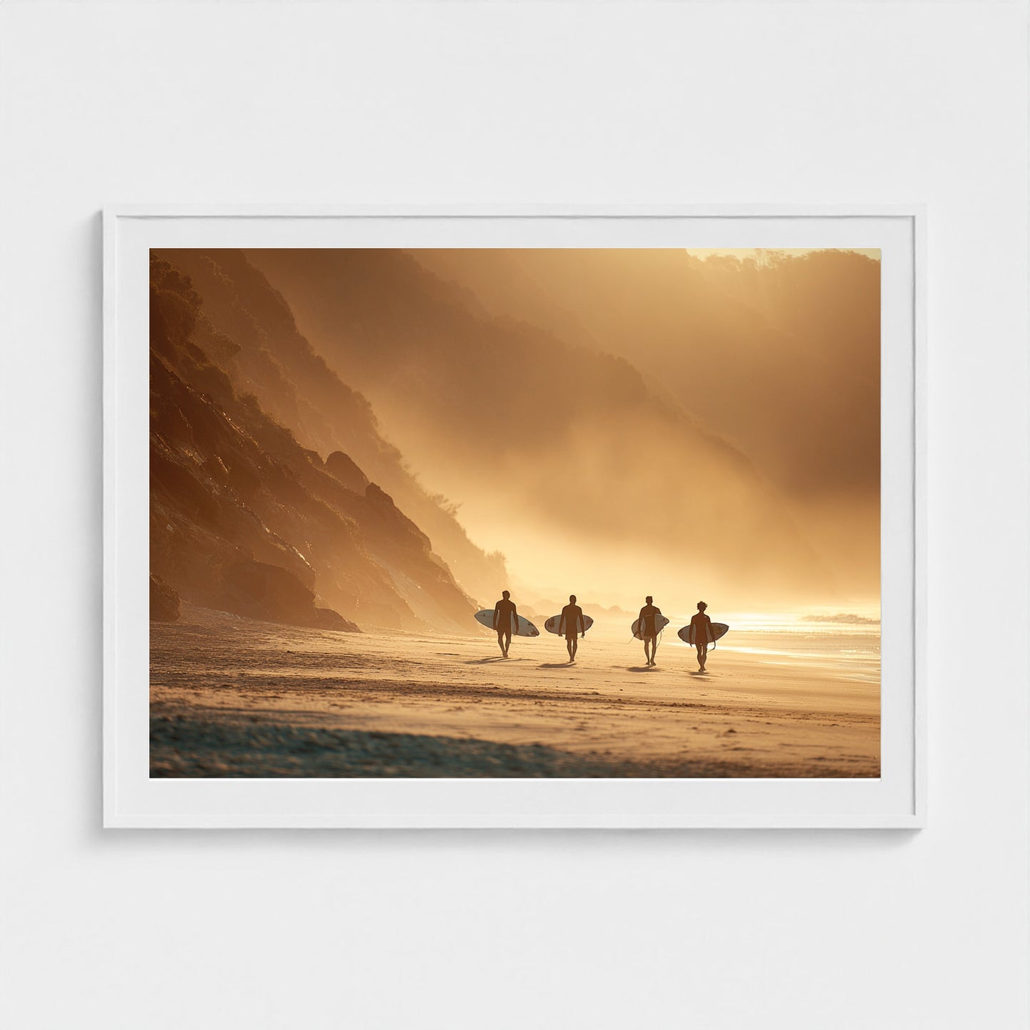 group-of-surfers-walking-across-beach-with-board 48x36-white frame frame