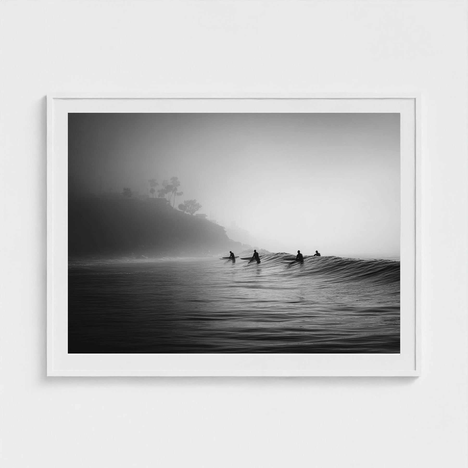quiet-early-morning-surf-lineup-fog-rolling-acro 48x36-white frame frame