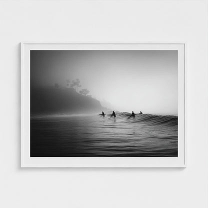 quiet-early-morning-surf-lineup-fog-rolling-acro 48x36-white frame frame