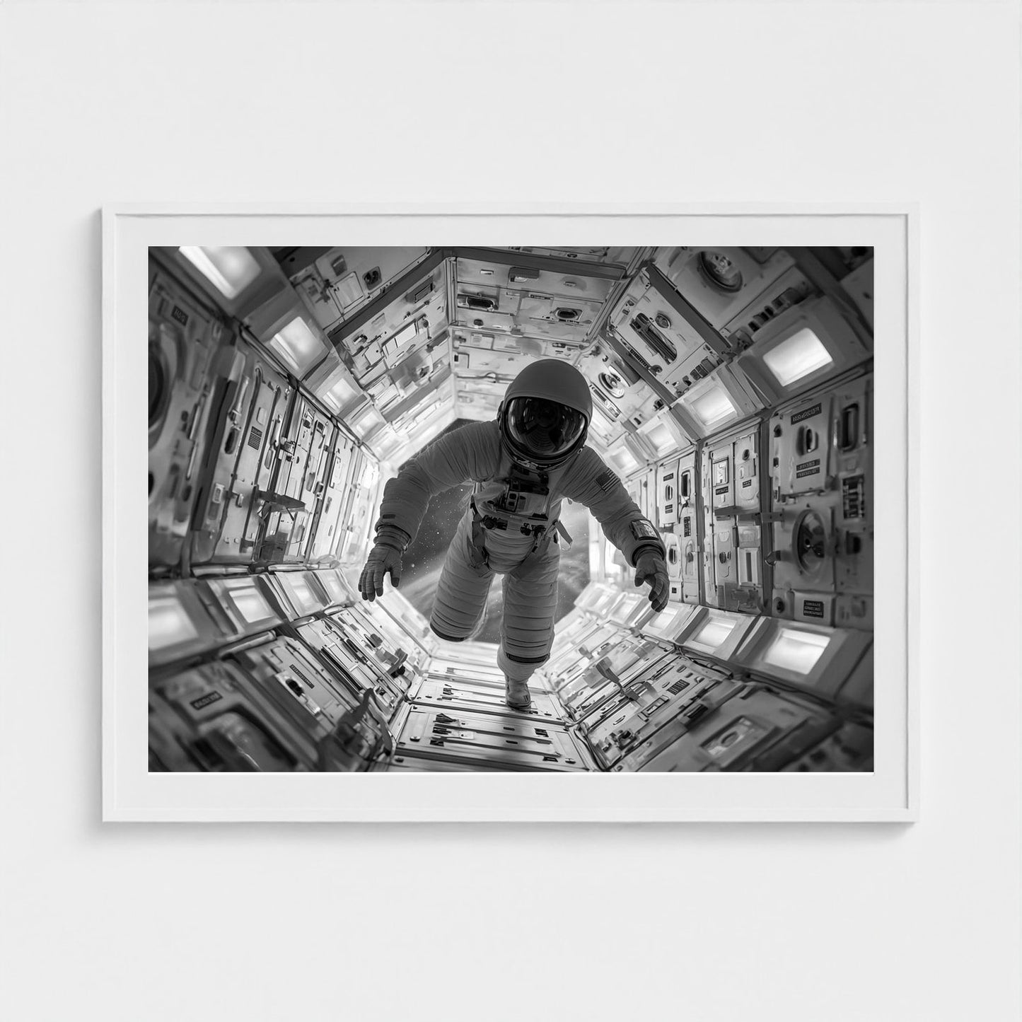 astronaut-floating-into-airlock-kubrick-one-poin 48x36-white frame frame