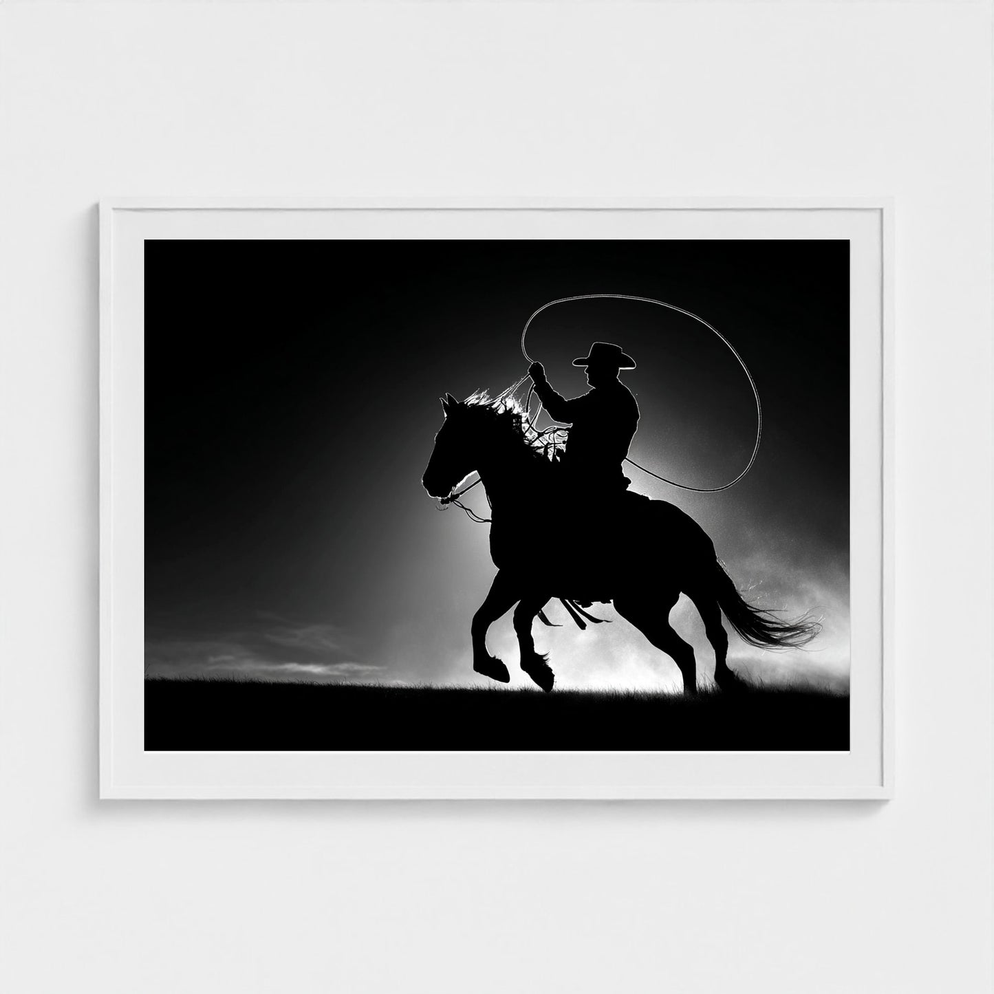 black-and-white-minimalist-realistic-cowboy-lass 48x36-white frame frame