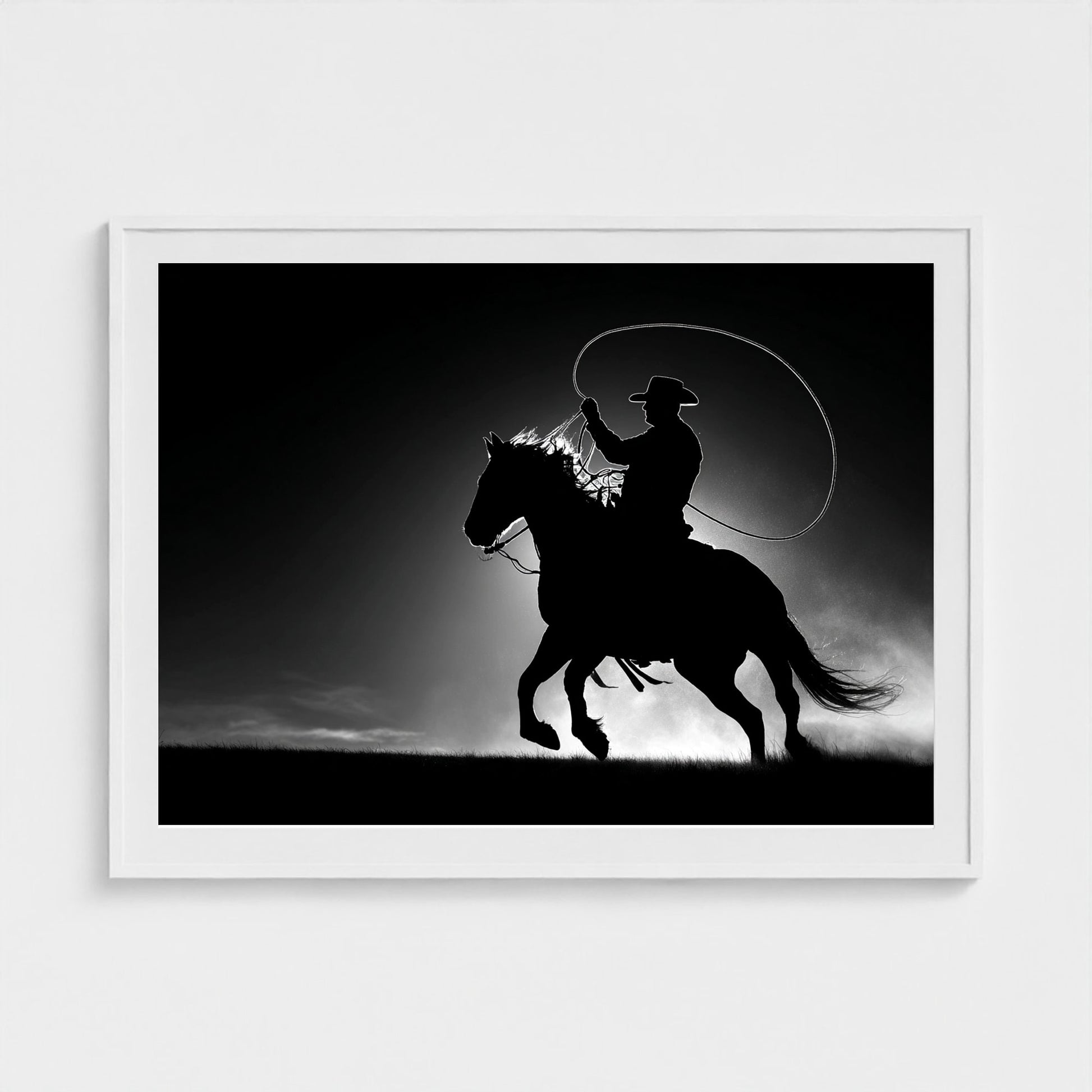 black-and-white-minimalist-realistic-cowboy-lass 48x36-white frame frame