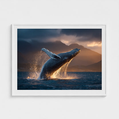 humpback-whale-breaching-at-golden-hour-backlit 48x36-white frame frame