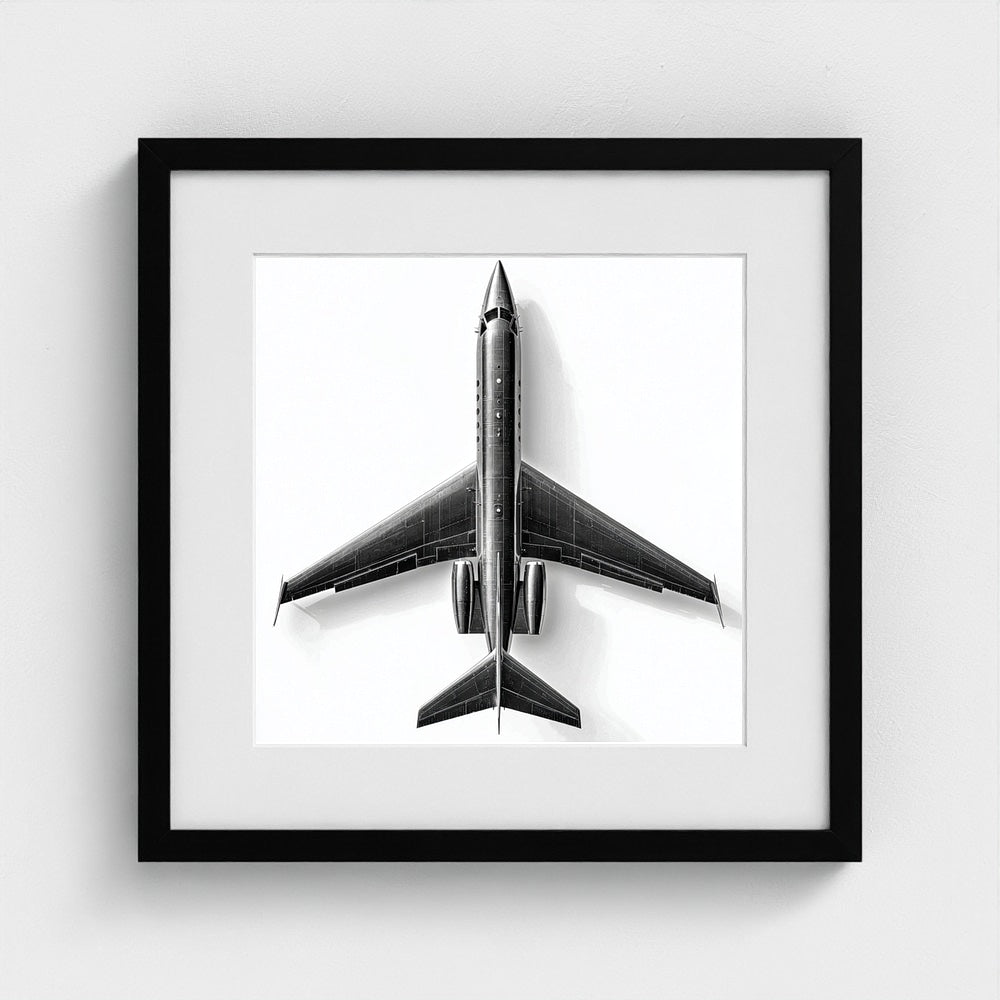 Top-Down Private Jet Art Print — Modern Black & White Framed Aviation Photography