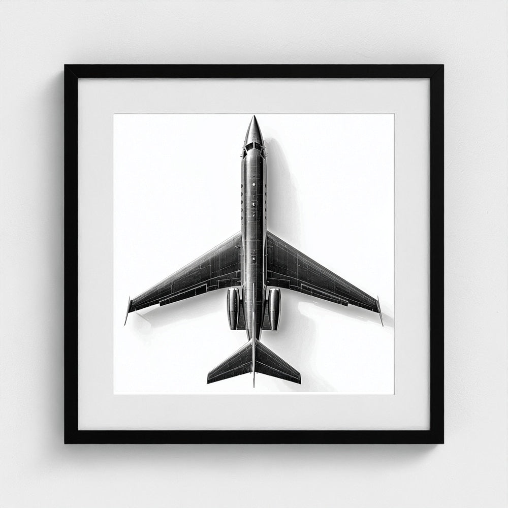 Top-Down Private Jet Art Print — Modern Black & White Framed Aviation Photography