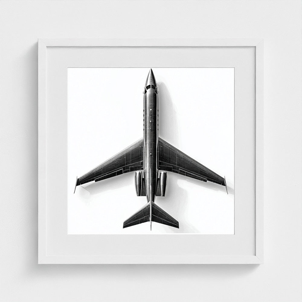 Top-Down Private Jet Art Print — Modern Black & White Framed Aviation Photography
