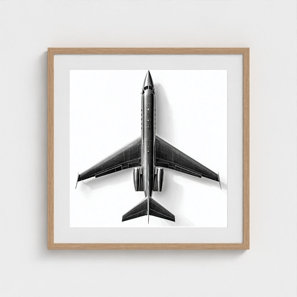 Top-Down Private Jet Art Print — Modern Black & White Framed Aviation Photography