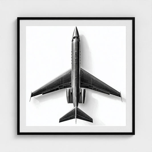Top-Down Private Jet Art Print — Modern Black & White Framed Aviation Photography