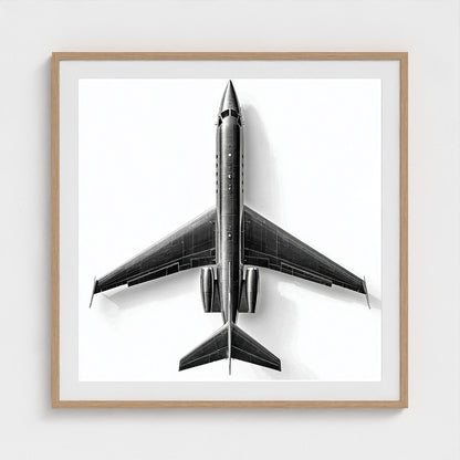 Top-Down Private Jet Art Print — Modern Black & White Framed Aviation Photography