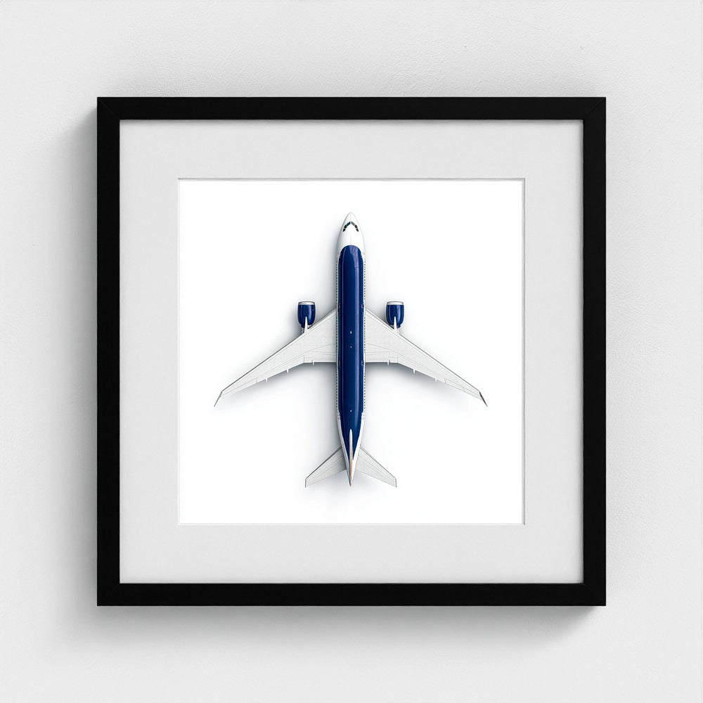Minimalist Airplane Photography Print — Symmetrical Top-Down Aviation Art on Archival Paper, Framed Option (White/Black/Oak)
