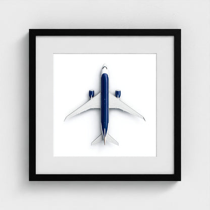 Minimalist Airplane Photography Print — Symmetrical Top-Down Aviation Art on Archival Paper, Framed Option (White/Black/Oak)