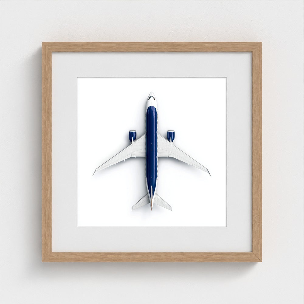 Minimalist Airplane Photography Print — Symmetrical Top-Down Aviation Art on Archival Paper, Framed Option (White/Black/Oak)