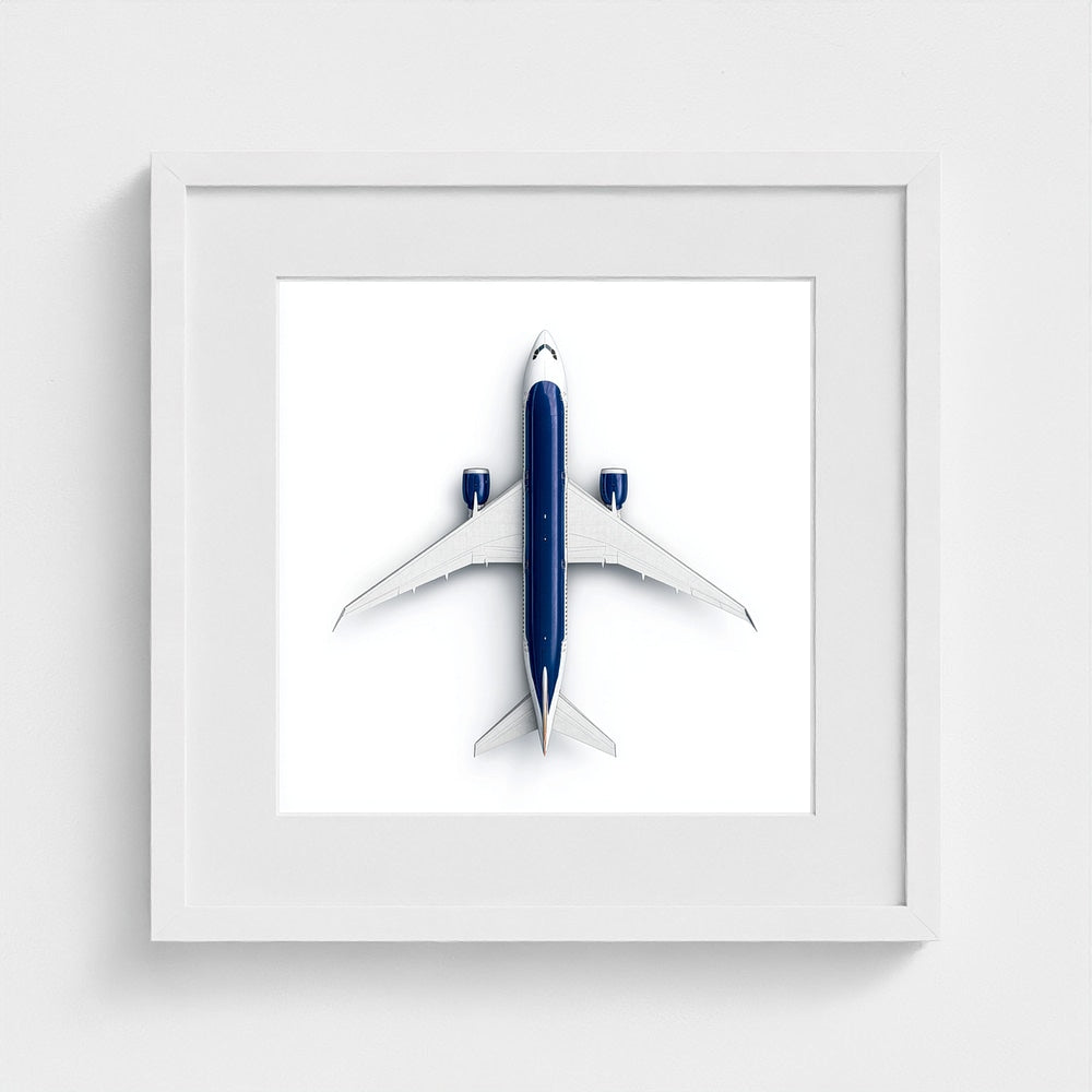 Minimalist Airplane Photography Print — Symmetrical Top-Down Aviation Art on Archival Paper, Framed Option (White/Black/Oak)