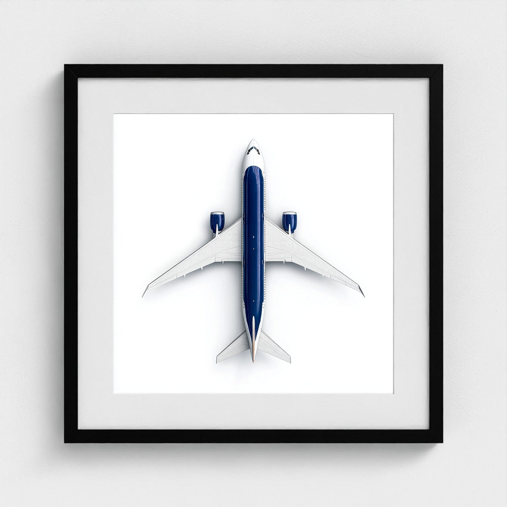 Minimalist Airplane Photography Print — Symmetrical Top-Down Aviation Art on Archival Paper, Framed Option (White/Black/Oak)