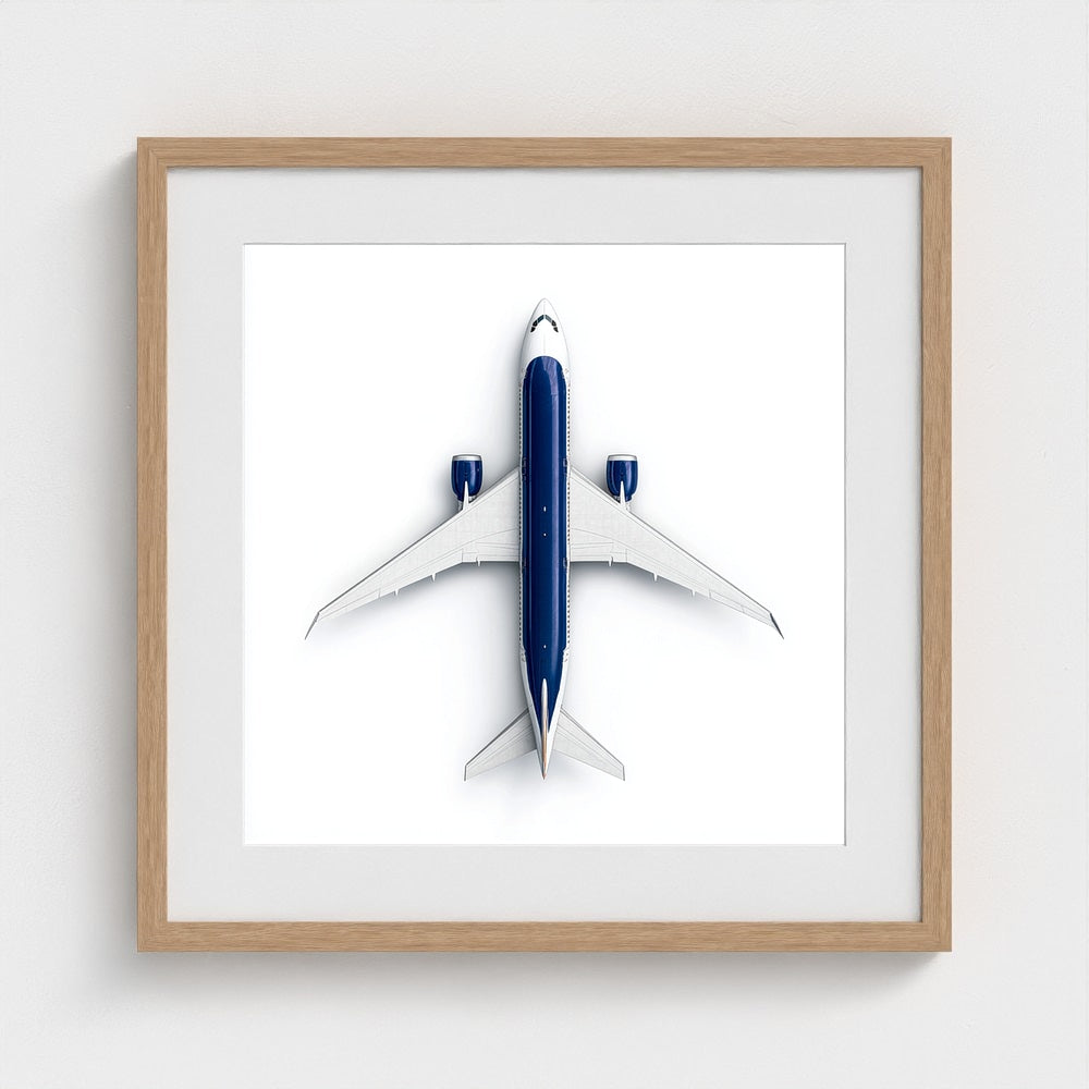 Minimalist Airplane Photography Print — Symmetrical Top-Down Aviation Art on Archival Paper, Framed Option (White/Black/Oak)