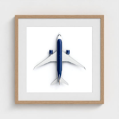 Minimalist Airplane Photography Print — Symmetrical Top-Down Aviation Art on Archival Paper, Framed Option (White/Black/Oak)