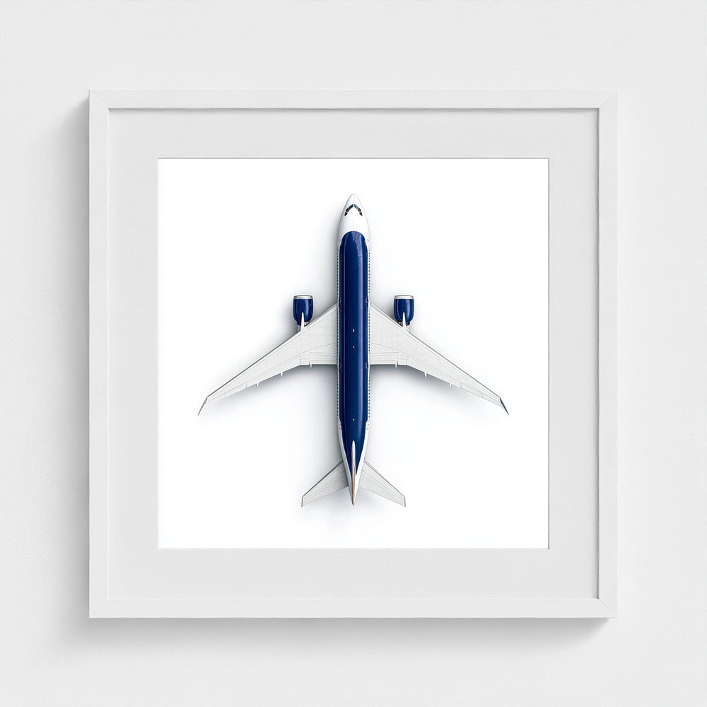Minimalist Airplane Photography Print — Symmetrical Top-Down Aviation Art on Archival Paper, Framed Option (White/Black/Oak)