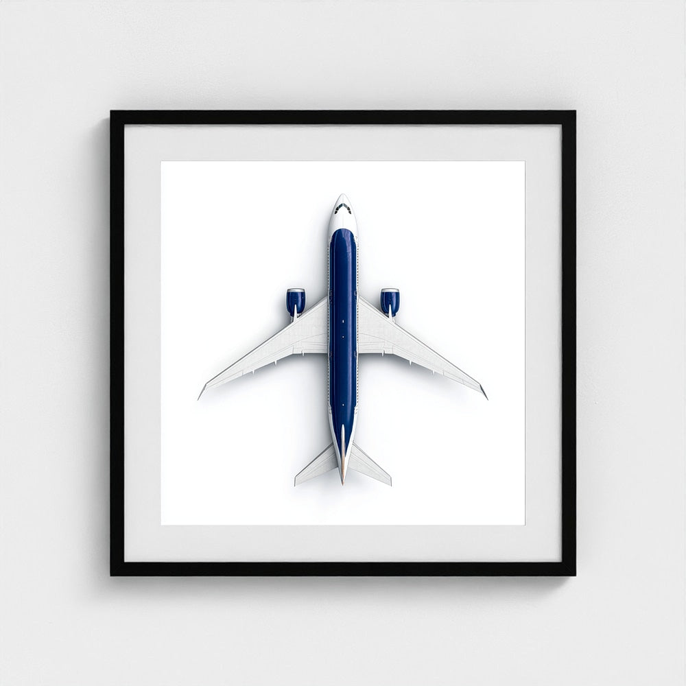 Minimalist Airplane Photography Print — Symmetrical Top-Down Aviation Art on Archival Paper, Framed Option (White/Black/Oak)