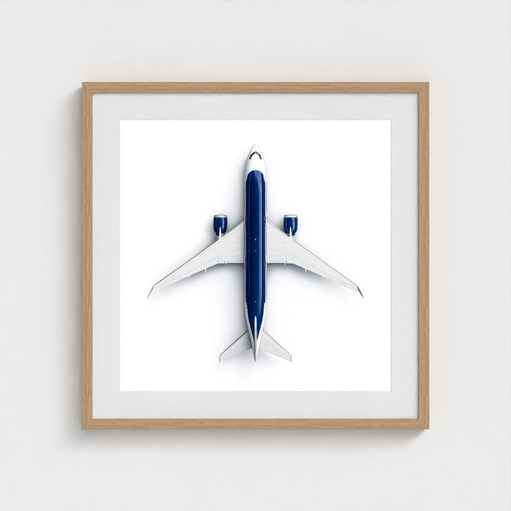 Minimalist Airplane Photography Print — Symmetrical Top-Down Aviation Art on Archival Paper, Framed Option (White/Black/Oak)