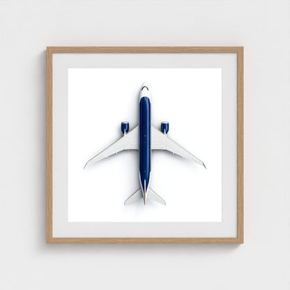 Minimalist Airplane Photography Print — Symmetrical Top-Down Aviation Art on Archival Paper, Framed Option (White/Black/Oak)