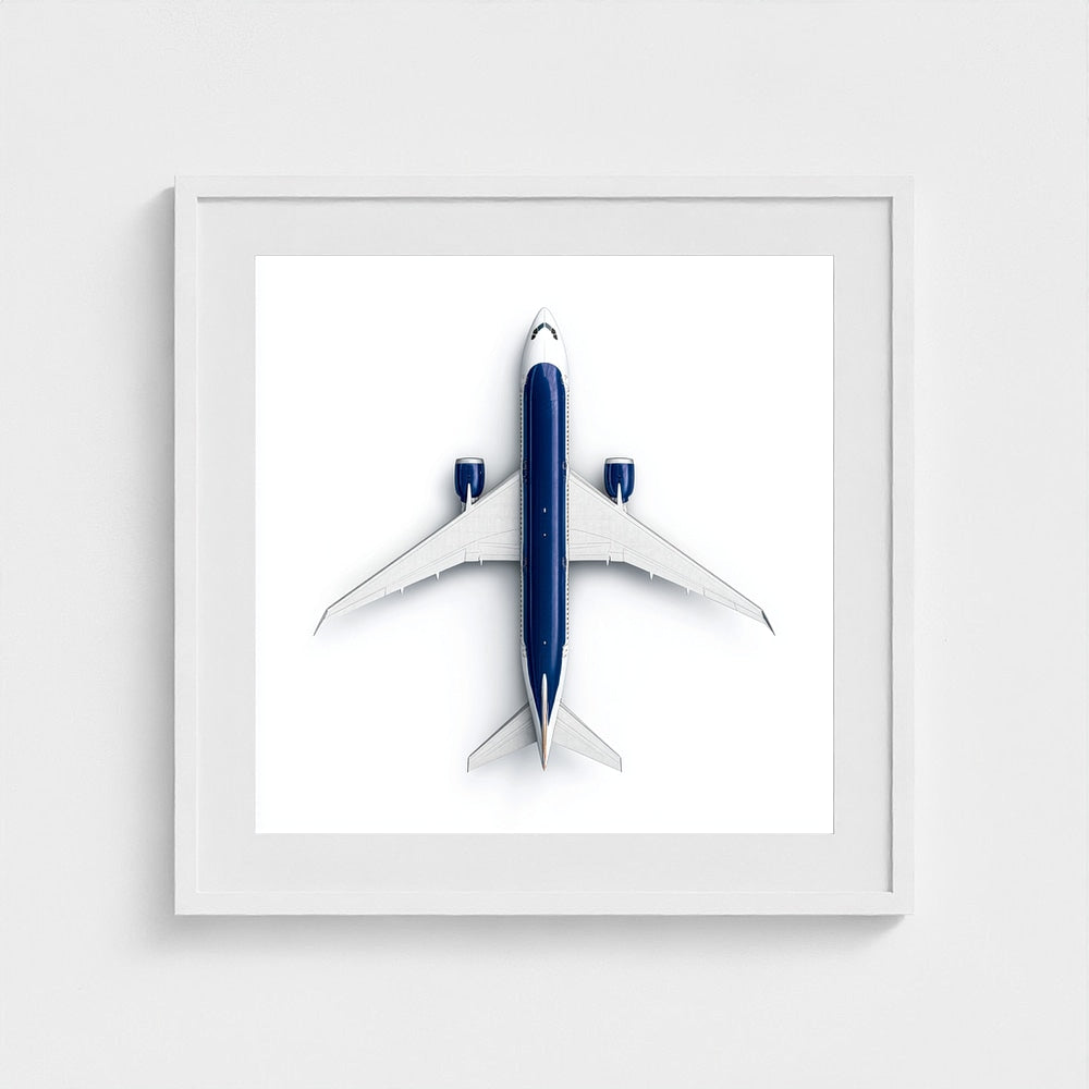 Minimalist Airplane Photography Print — Symmetrical Top-Down Aviation Art on Archival Paper, Framed Option (White/Black/Oak)