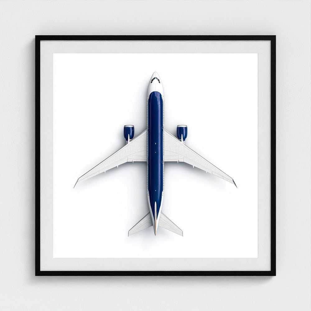 Minimalist Airplane Photography Print — Symmetrical Top-Down Aviation Art on Archival Paper, Framed Option (White/Black/Oak)