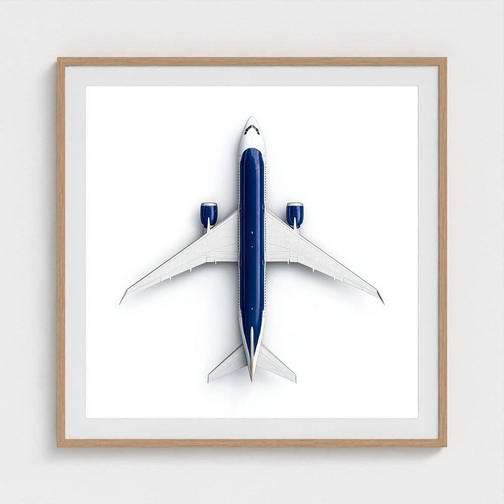Minimalist Airplane Photography Print — Symmetrical Top-Down Aviation Art on Archival Paper, Framed Option (White/Black/Oak)