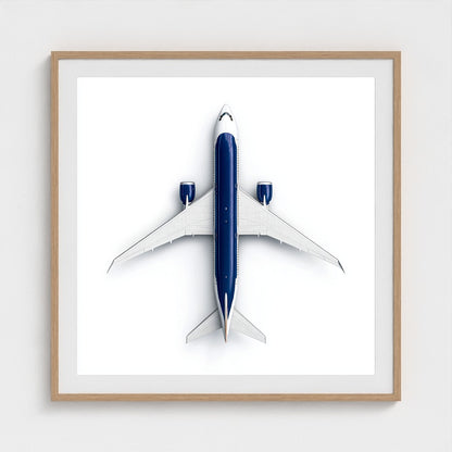 Minimalist Airplane Photography Print — Symmetrical Top-Down Aviation Art on Archival Paper, Framed Option (White/Black/Oak)