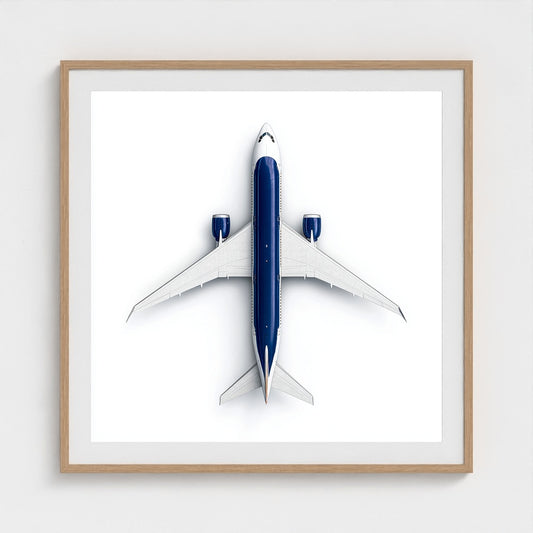 Minimalist Airplane Photography Print — Symmetrical Top-Down Aviation Art on Archival Paper, Framed Option (White/Black/Oak)