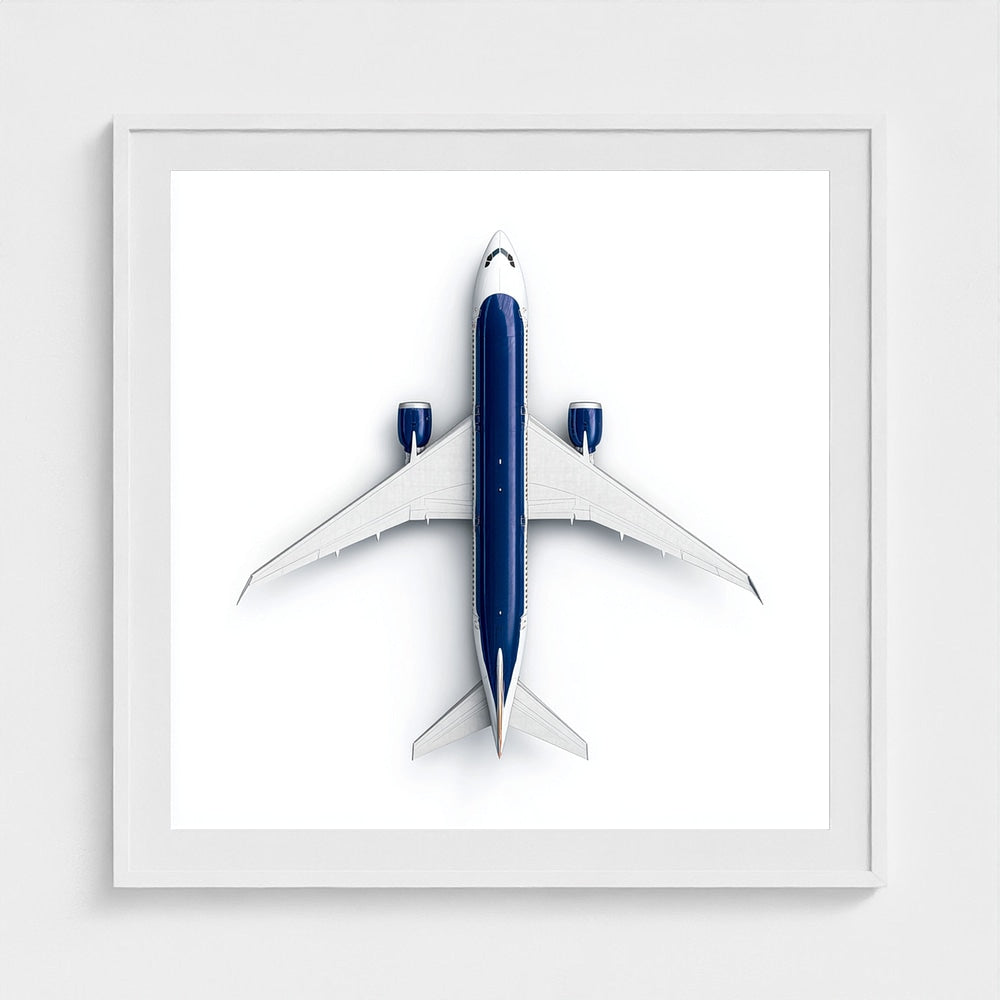 Minimalist Airplane Photography Print — Symmetrical Top-Down Aviation Art on Archival Paper, Framed Option (White/Black/Oak)