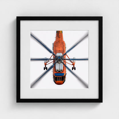 Large Orange Helicopter Aerial Photograph — Bold Modern Aviation Wall Art (Archival Fine Art Print)