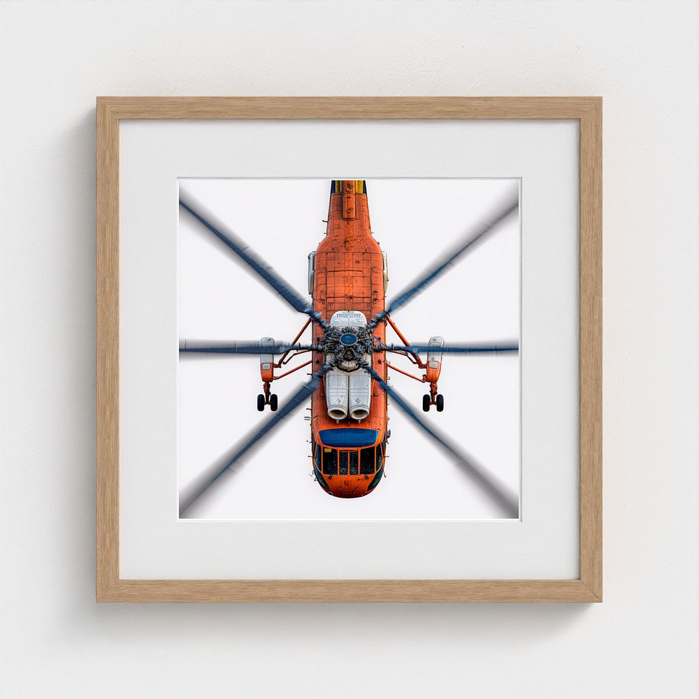 Large Orange Helicopter Aerial Photograph — Bold Modern Aviation Wall Art (Archival Fine Art Print)