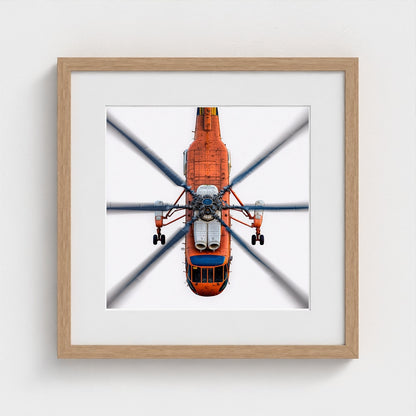 Large Orange Helicopter Aerial Photograph — Bold Modern Aviation Wall Art (Archival Fine Art Print)