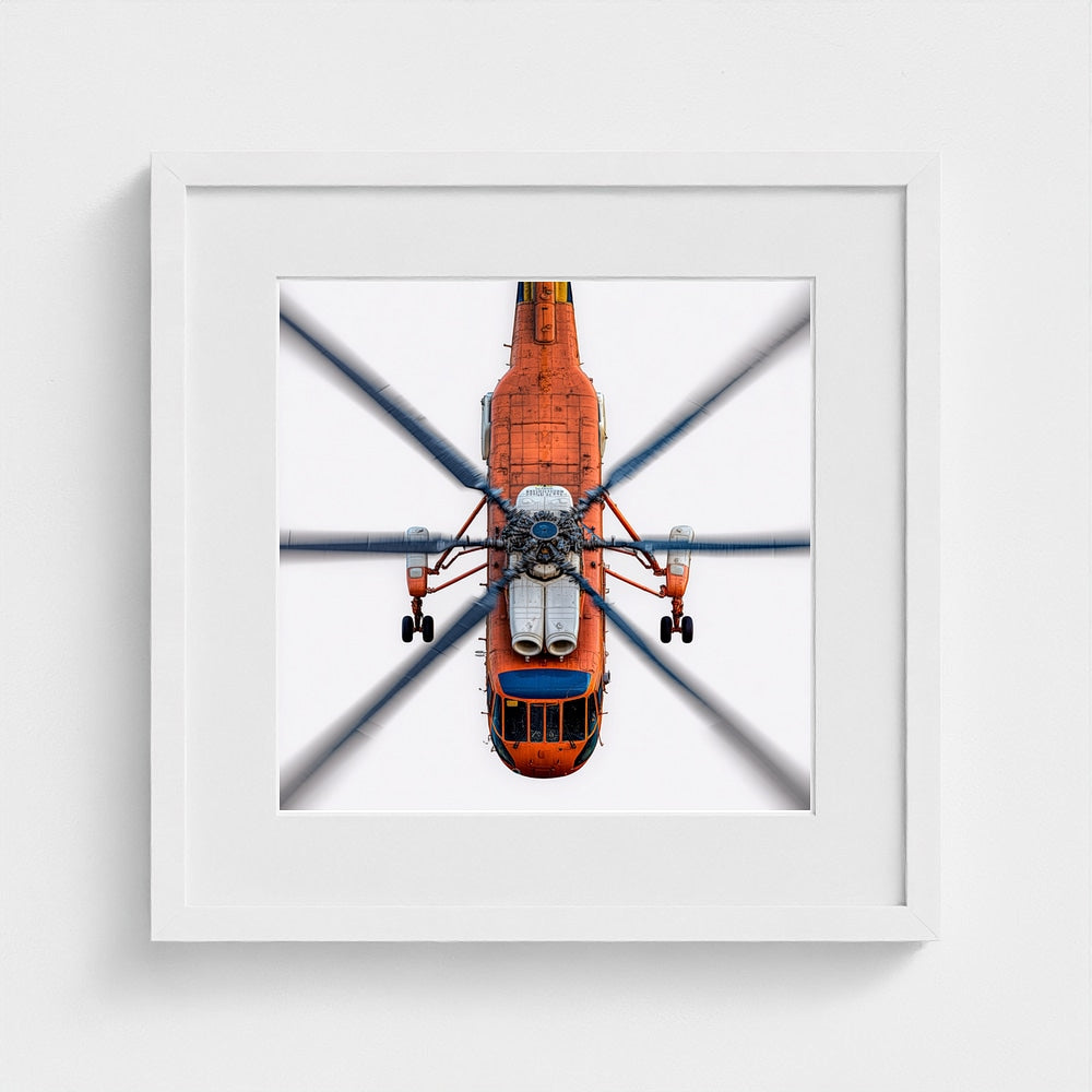 Large Orange Helicopter Aerial Photograph — Bold Modern Aviation Wall Art (Archival Fine Art Print)