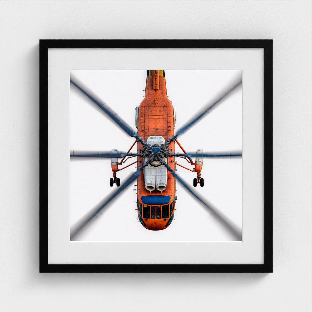 Large Orange Helicopter Aerial Photograph — Bold Modern Aviation Wall Art (Archival Fine Art Print)