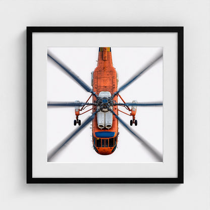 Large Orange Helicopter Aerial Photograph — Bold Modern Aviation Wall Art (Archival Fine Art Print)