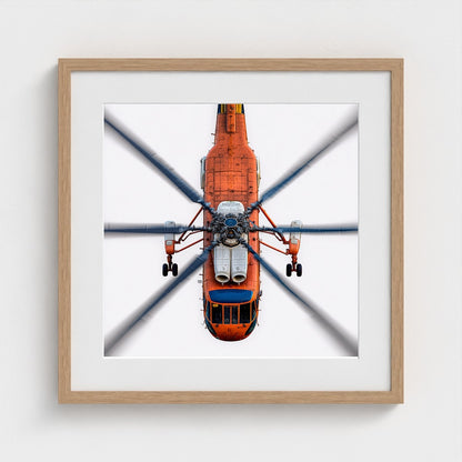 Large Orange Helicopter Aerial Photograph — Bold Modern Aviation Wall Art (Archival Fine Art Print)