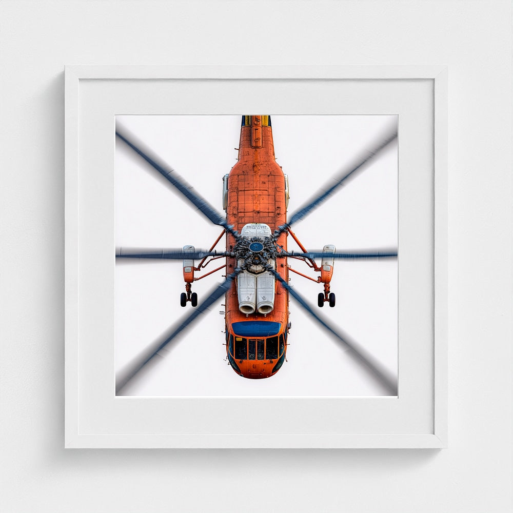 Large Orange Helicopter Aerial Photograph — Bold Modern Aviation Wall Art (Archival Fine Art Print)